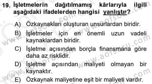 Finansal Yönetim 2 Dersi 2017 - 2018 Yılı (Vize) Ara Sınavı 19. Soru