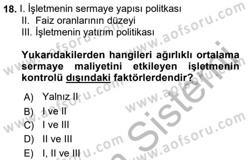 Finansal Yönetim 2 Dersi 2018 - 2019 Yılı (Vize) Ara Sınav Soruları 18. Soru
