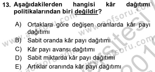 Finansal Yönetim 2 Dersi 2018 - 2019 Yılı Yaz Okulu Sınavı 13. Soru