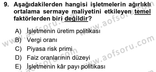 Finansal Yönetim 2 Dersi 2018 - 2019 Yılı Yaz Okulu Sınavı 9. Soru