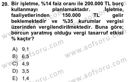 Finansal Yönetim 2 Dersi 2021 - 2022 Yılı (Vize) Ara Sınavı 20. Soru