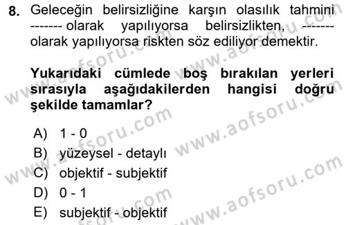 Finansal Yönetim 2 Dersi 2021 - 2022 Yılı (Vize) Ara Sınavı 8. Soru