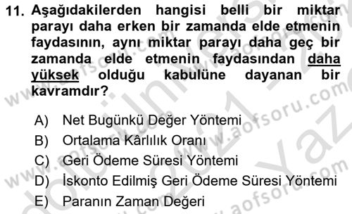 Finansal Yönetim 2 Dersi 2021 - 2022 Yılı Yaz Okulu Sınav Soruları 11. Soru