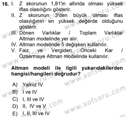 Finansal Yönetim 2 Dersi 2021 - 2022 Yılı Yaz Okulu Sınav Soruları 16. Soru