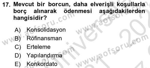 Finansal Yönetim 2 Dersi 2021 - 2022 Yılı Yaz Okulu Sınav Soruları 17. Soru