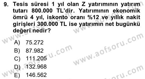 Finansal Yönetim 2 Dersi 2021 - 2022 Yılı Yaz Okulu Sınav Soruları 9. Soru