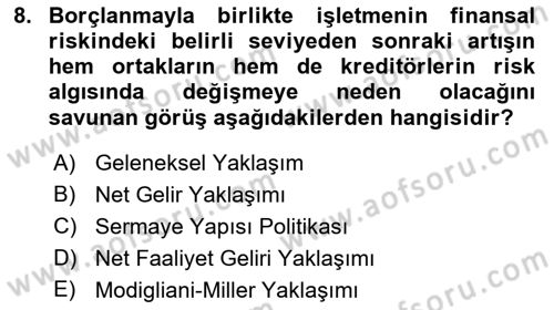 Finansal Yönetim 2 Dersi 2022 - 2023 Yılı Yaz Okulu Sınav Soruları 8. Soru