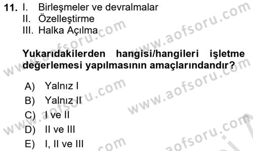 Finansal Yönetim 2 Dersi 2023 - 2024 Yılı (Vize) Ara Sınav Soruları 11. Soru