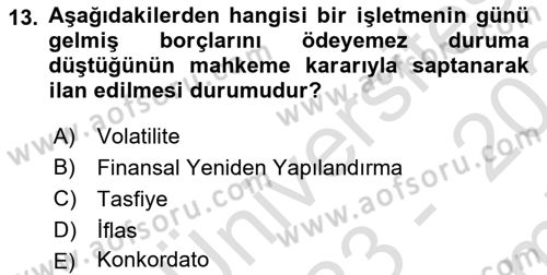 Finansal Yönetim 2 Dersi 2023 - 2024 Yılı (Final) Dönem Sonu Sınav Soruları 13. Soru