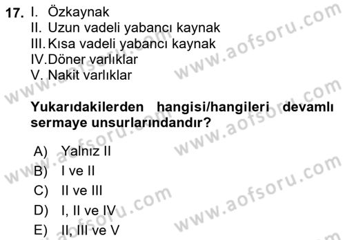 Finansal Yönetim 2 Dersi 2023 - 2024 Yılı Yaz Okulu Sınav Soruları 17. Soru