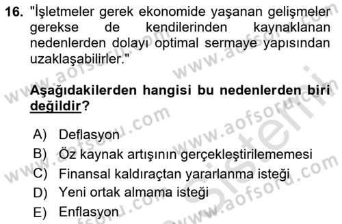 Finansal Yönetim 2 Dersi 2024 - 2025 Yılı (Vize) Ara Sınav Soruları 16. Soru