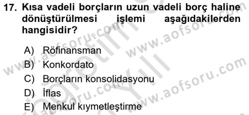 Finansal Yönetim 2 Dersi 2024 - 2025 Yılı Yaz Okulu Sınav Soruları 17. Soru