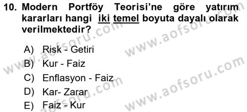 Finansal Yönetim 2 Dersi 2025 - 2026 Yılı (Vize) Ara Sınav Soruları 10. Soru