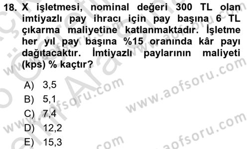 Finansal Yönetim 2 Dersi 2025 - 2026 Yılı (Vize) Ara Sınav Soruları 18. Soru