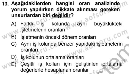 Finansal Yönetim Dersi Ara Sınavı Deneme Sınav Soruları 13. Soru