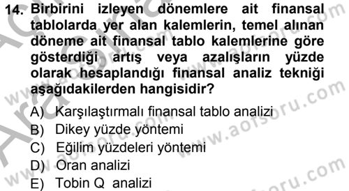 Finansal Yönetim Dersi 2012 - 2013 Yılı (Vize) Ara Sınav Soruları 14. Soru