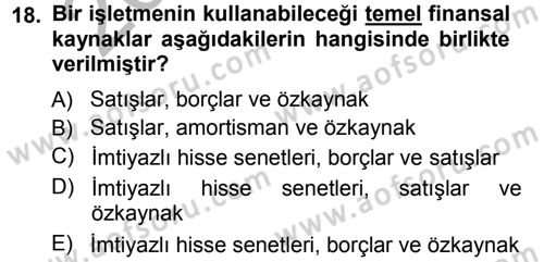 Finansal Yönetim Dersi Ara Sınavı Deneme Sınav Soruları 18. Soru