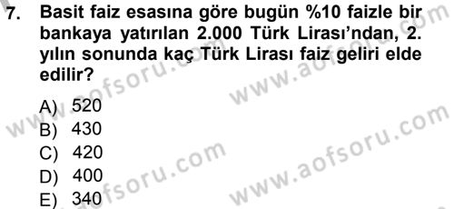 Finansal Yönetim Dersi Ara Sınavı Deneme Sınav Soruları 7. Soru