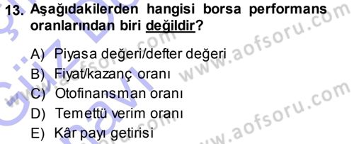 Finansal Yönetim Dersi Ara Sınavı Deneme Sınav Soruları 13. Soru
