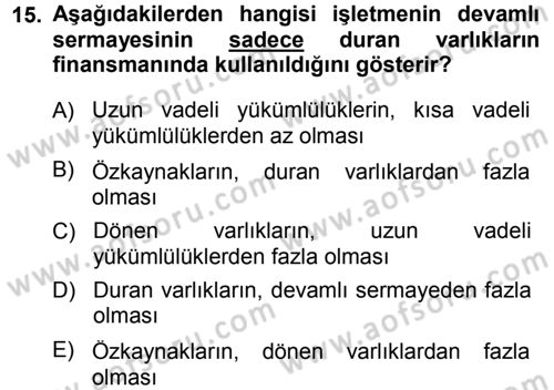 Finansal Yönetim Dersi Ara Sınavı Deneme Sınav Soruları 15. Soru