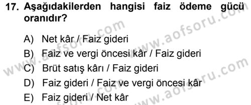 Finansal Yönetim Dersi 2013 - 2014 Yılı (Vize) Ara Sınav Soruları 17. Soru