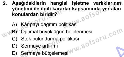 Finansal Yönetim Dersi Ara Sınavı Deneme Sınav Soruları 2. Soru