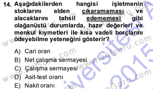 Finansal Yönetim Dersi Ara Sınavı Deneme Sınav Soruları 14. Soru