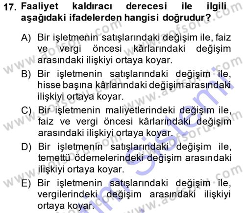 Finansal Yönetim Dersi 2014 - 2015 Yılı (Vize) Ara Sınav Soruları 17. Soru