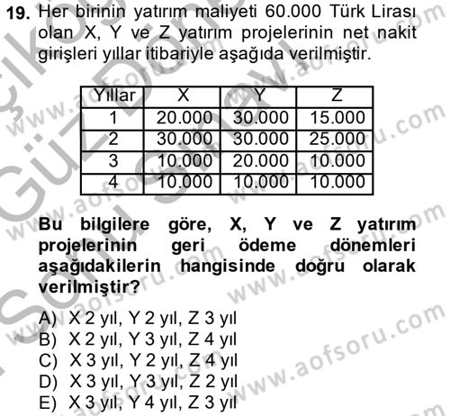 Finansal Yönetim Dersi 2014 - 2015 Yılı (Final) Dönem Sonu Sınav Soruları 19. Soru