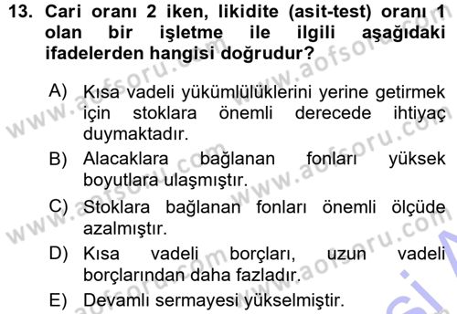 Finansal Yönetim Dersi 2015 - 2016 Yılı (Vize) Ara Sınav Soruları 13. Soru