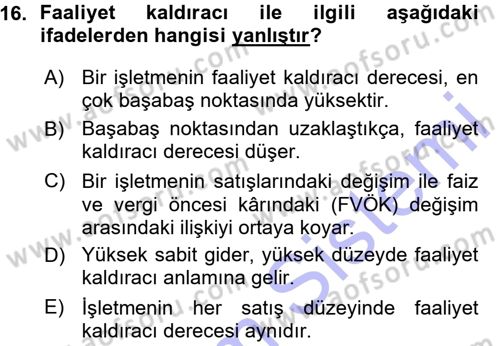 Finansal Yönetim Dersi Ara Sınavı Deneme Sınav Soruları 16. Soru