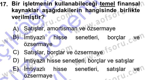 Finansal Yönetim Dersi Ara Sınavı Deneme Sınav Soruları 17. Soru