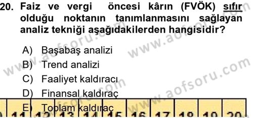 Finansal Yönetim Dersi Ara Sınavı Deneme Sınav Soruları 20. Soru