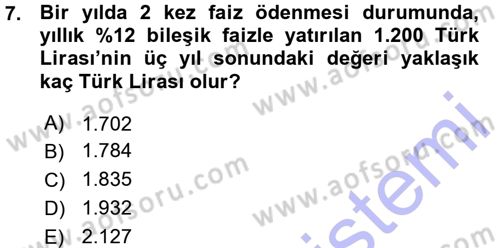 Finansal Yönetim Dersi Ara Sınavı Deneme Sınav Soruları 7. Soru