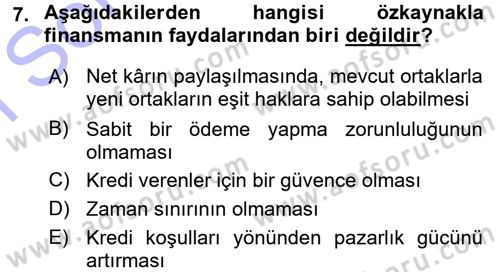 Finansal Yönetim Dersi 2015 - 2016 Yılı (Final) Dönem Sonu Sınav Soruları 7. Soru