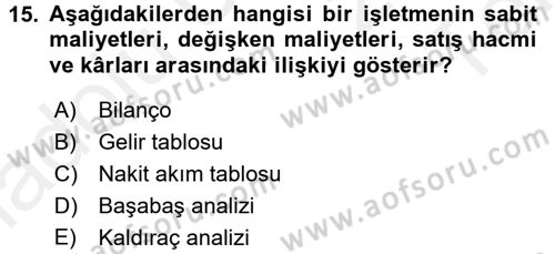 Finansal Yönetim Dersi 2015 - 2016 Yılı Tek Ders Sınav Soruları 15. Soru