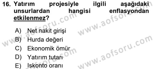 Finansal Yönetim Dersi 2015 - 2016 Yılı Tek Ders Sınav Soruları 16. Soru