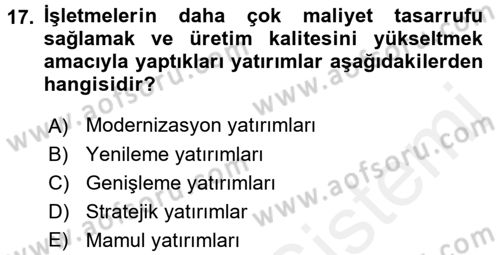 Finansal Yönetim Dersi 2015 - 2016 Yılı Tek Ders Sınav Soruları 17. Soru