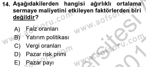 Finansal Yönetim Dersi 2016 - 2017 Yılı 3 Ders Sınav Soruları 14. Soru