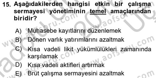 Finansal Yönetim Dersi 2016 - 2017 Yılı 3 Ders Sınav Soruları 15. Soru