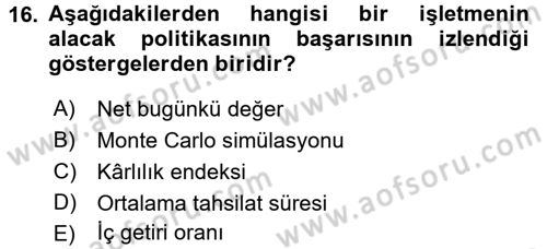 Finansal Yönetim Dersi 2016 - 2017 Yılı 3 Ders Sınav Soruları 16. Soru