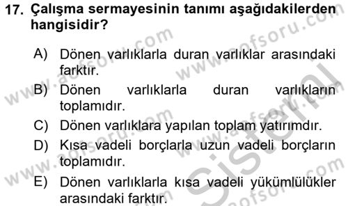Finansal Yönetim Dersi 2016 - 2017 Yılı 3 Ders Sınav Soruları 17. Soru