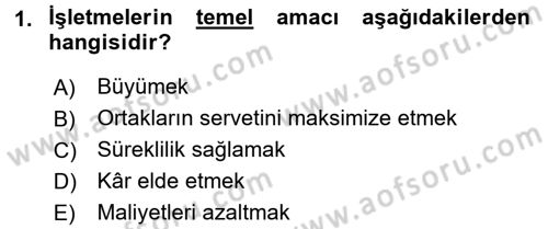 Finansal Yönetim Dersi Ara Sınavı Deneme Sınav Soruları 1. Soru
