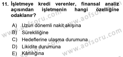 Finansal Yönetim Dersi 2016 - 2017 Yılı (Vize) Ara Sınav Soruları 11. Soru