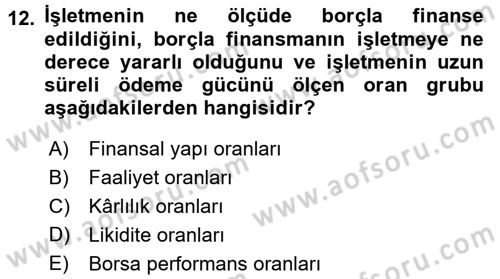 Finansal Yönetim Dersi 2016 - 2017 Yılı (Vize) Ara Sınav Soruları 12. Soru