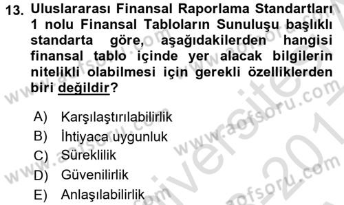 Finansal Yönetim Dersi 2016 - 2017 Yılı (Vize) Ara Sınav Soruları 13. Soru