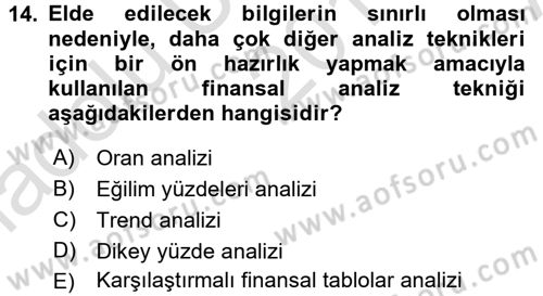 Finansal Yönetim Dersi 2016 - 2017 Yılı (Vize) Ara Sınav Soruları 14. Soru