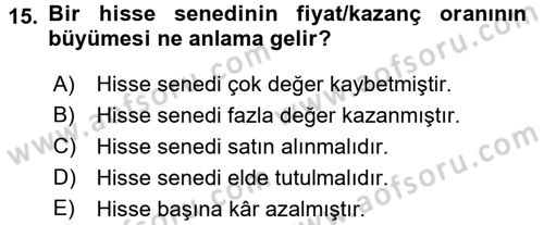 Finansal Yönetim Dersi Ara Sınavı Deneme Sınav Soruları 15. Soru