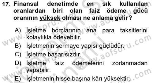 Finansal Yönetim Dersi Ara Sınavı Deneme Sınav Soruları 17. Soru