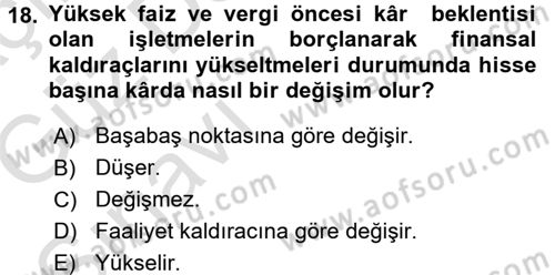 Finansal Yönetim Dersi Ara Sınavı Deneme Sınav Soruları 18. Soru
